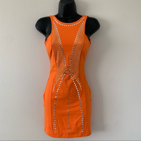 Bebe Orange Open Back Studded Tank Mini Dress - Picture 4 of 14
